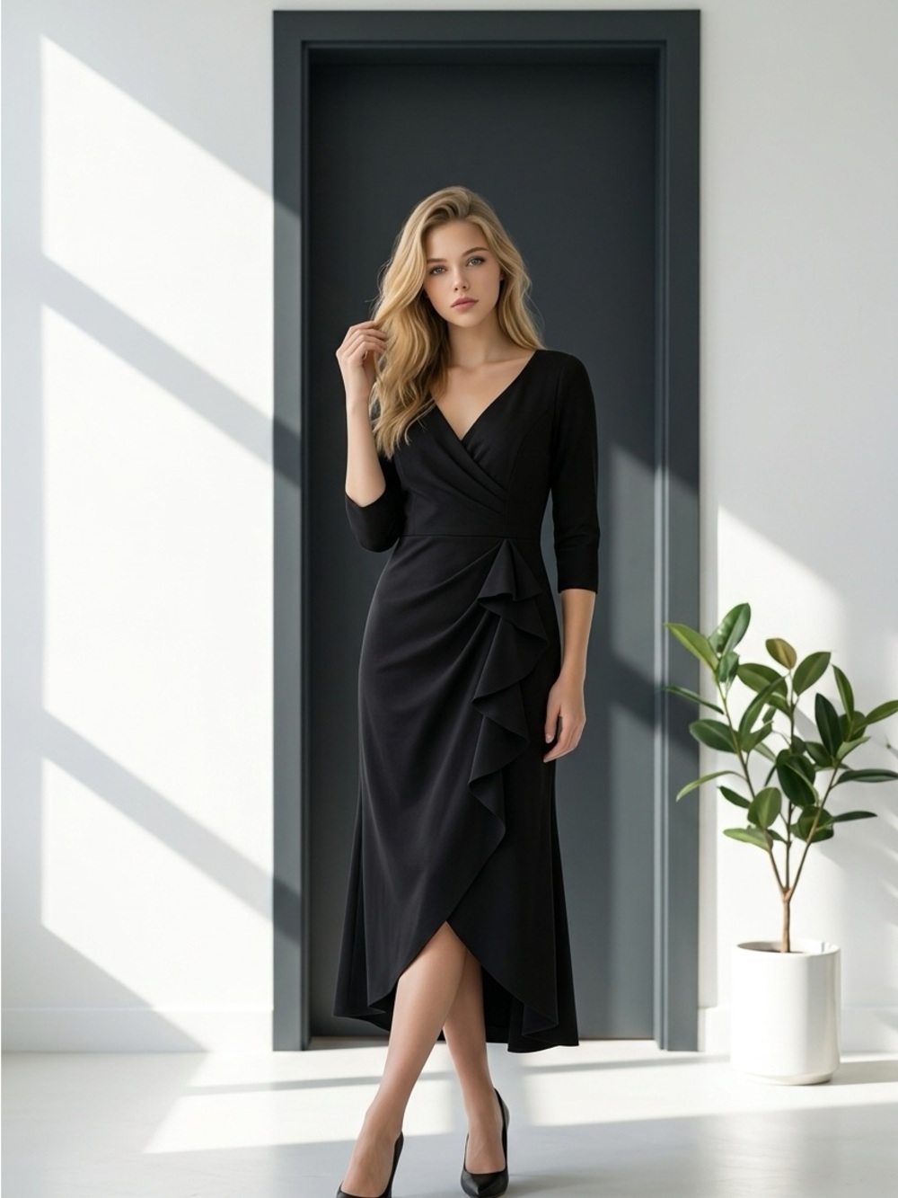 Xscape Black Ruffle-Front Wrap Midi Dress